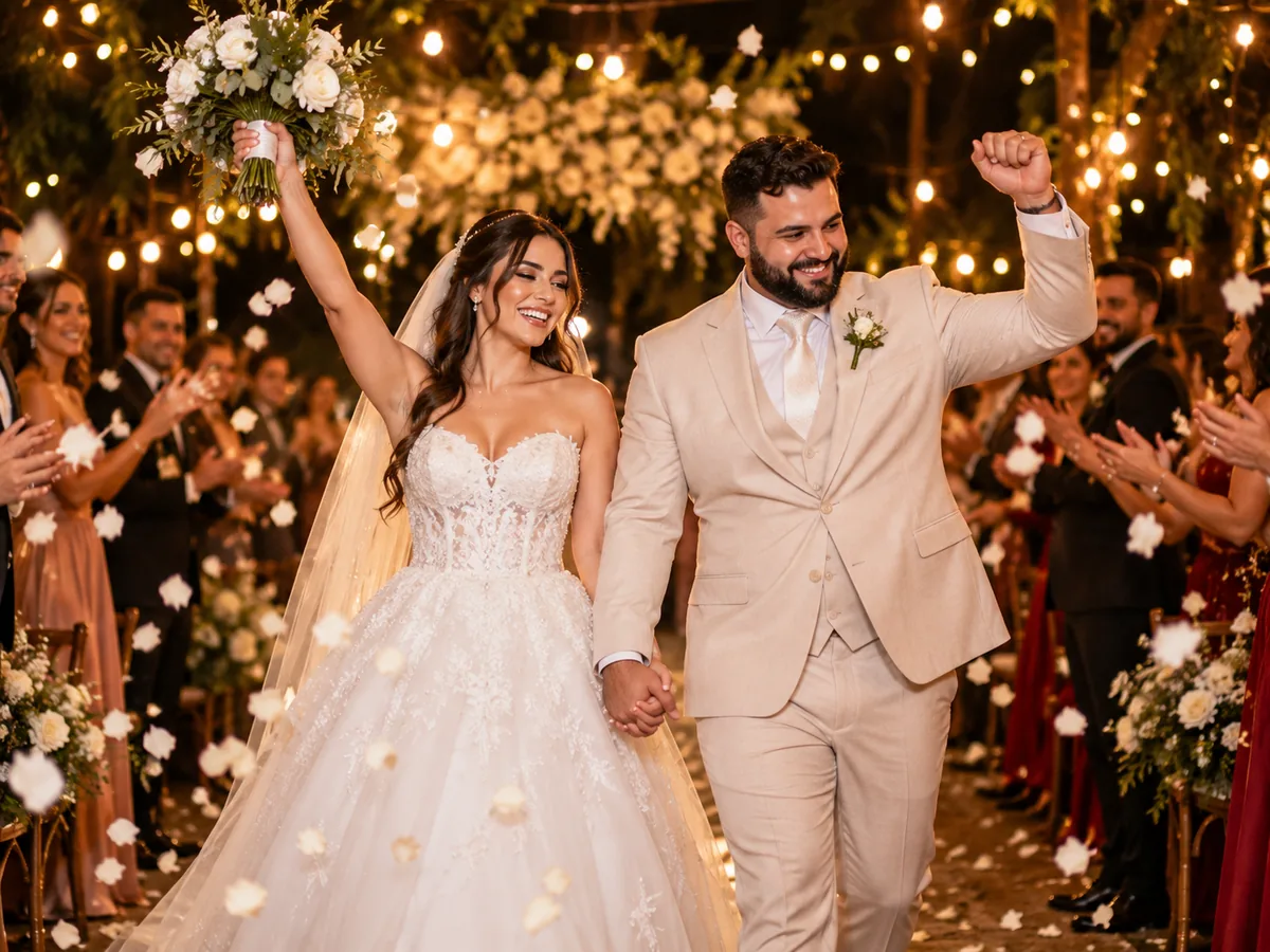 Noivos de mãos dadas e sorrindo na saída da cerimônia de casamento, com convidados aplaudindo