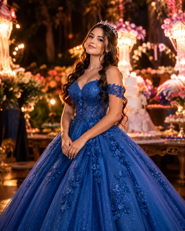 Debutante de vestido azul em sua festa de 15 anos, com a mesa decorada ao fundo