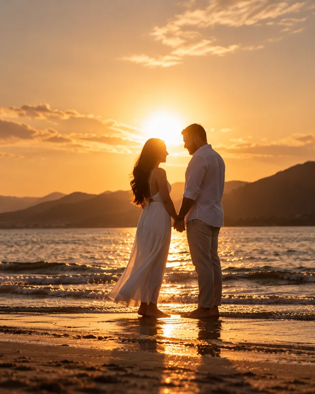 Ensaio de casal de mãos dadas na praia ao pôr do sol
