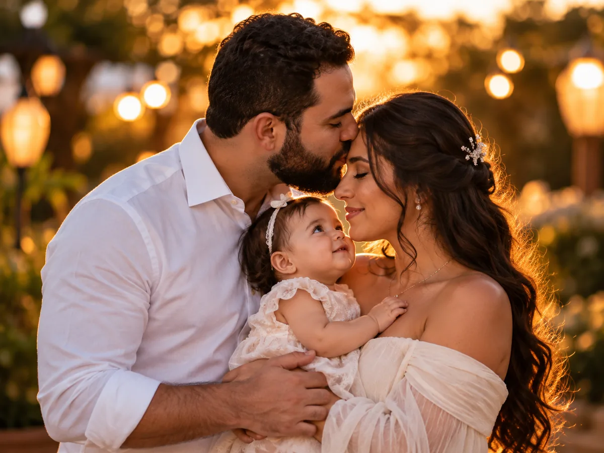 Pai beijando a testa da mãe, que segura a filha bebê no colo, em ensaio de família ao entardecer