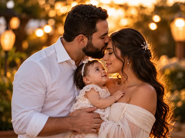 Família reunida em um abraço carinhoso com a filha bebê ao entardecer