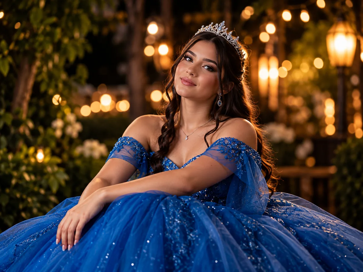 Debutante de tiara e vestido azul brilhante posando em um jardim iluminado à noite