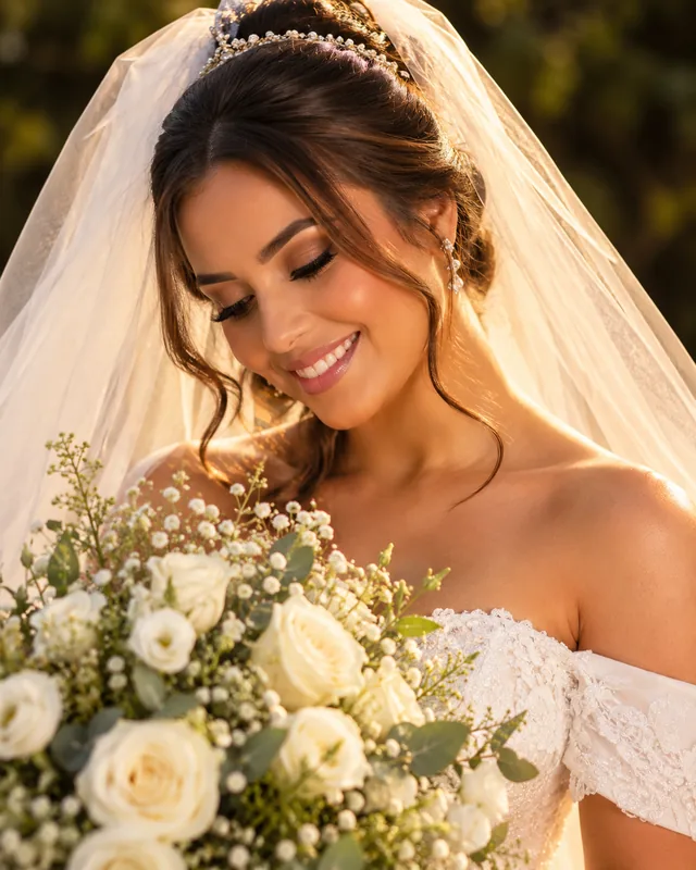 Retrato de noiva sorrindo, com véu e buquê de rosas brancas