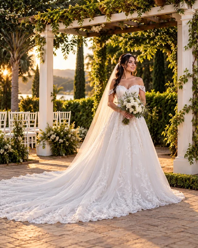 Noiva com vestido de cauda longa sob um pergolado em jardim de casamento
